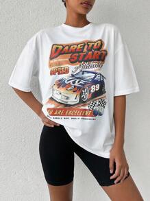 EURMUSE Car & Slogan Graphic Drop Shoulder Tee - White - View 5