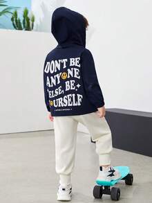 SHEIN Young Boy Slogan Graphic Hooded Jacket - Navy Blue - View 5