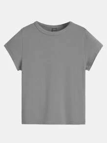 SHEIN BASICS Áo thun nữ màu trơn Giải trí - Màu xám đen - Xem 1