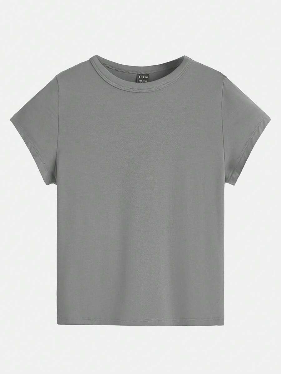 SHEIN BASICS Áo thun nữ màu trơn Giải trí - Màu xám đen - Xem 1