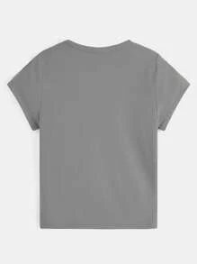 SHEIN BASICS Áo thun nữ màu trơn Giải trí - Màu xám đen - Xem 2