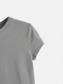 SHEIN BASICS Áo thun nữ màu trơn Giải trí - Màu xám đen - Xem 5