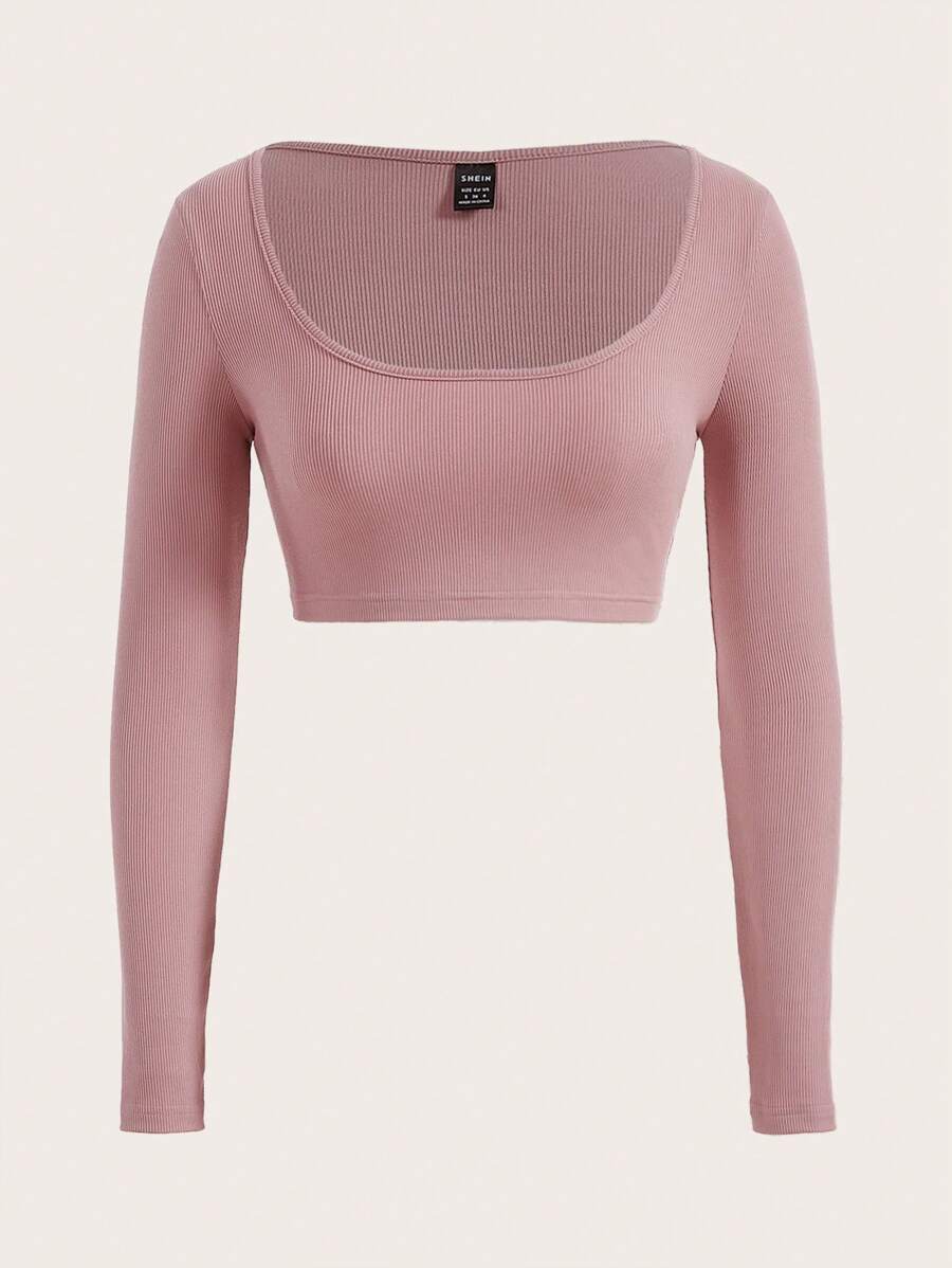 SHEIN BASICS Áo nữ Gân đan màu trơn Gợi cảm - Bụi hồng - Xem 1