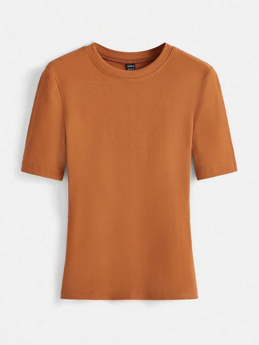 SHEIN BASICS Koszulka z prążkowanej dzianiny - Brązowy - Zobacz 1