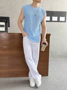 SWAVVY 男士純色拼接細節無袖淺藍色背心，適合作為男友禮物