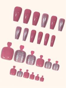 48pcs Glitter Fake Nail Set & 2sheets Tape & 1pc Nail File - Pink - View 1