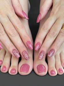 48pcs Glitter Fake Nail Set & 2sheets Tape & 1pc Nail File - Pink - View 4