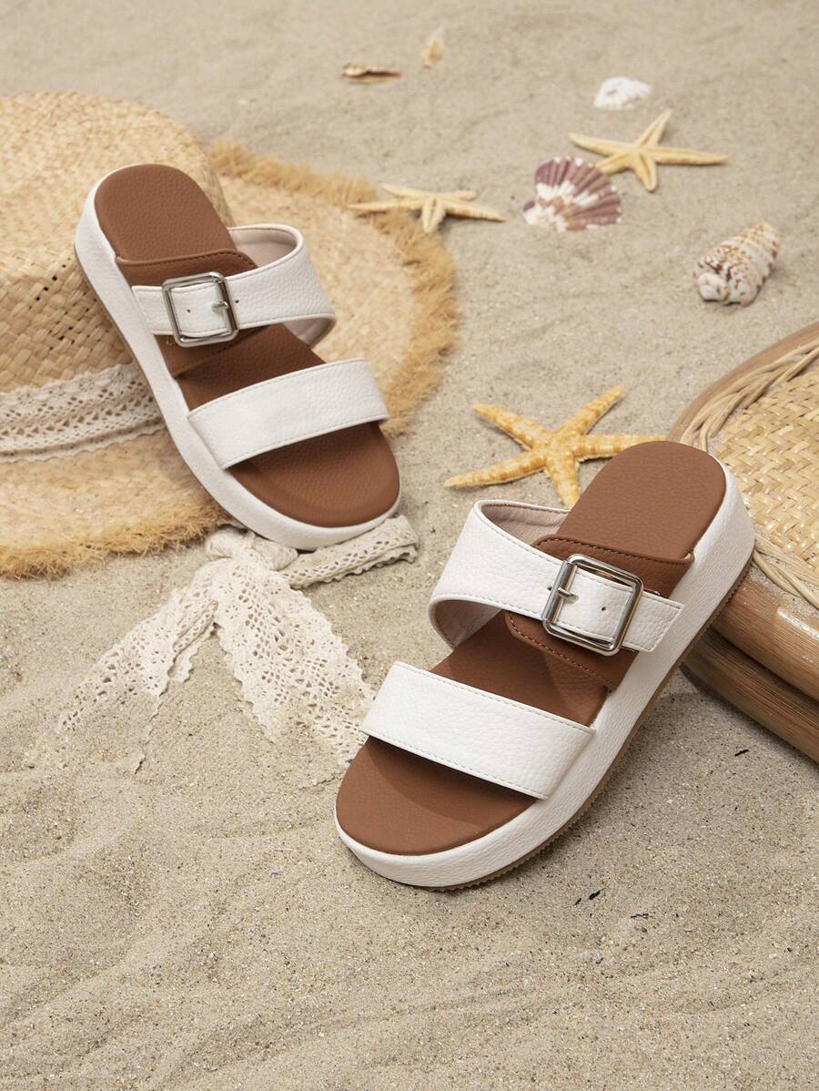 Girls Buckle Decor Fashionable Slippers For Summer - White - View 1