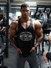 Fitness Hombres Top tank deportivo con estampado de slogan de espalda nadadora - Negro - Ver 1