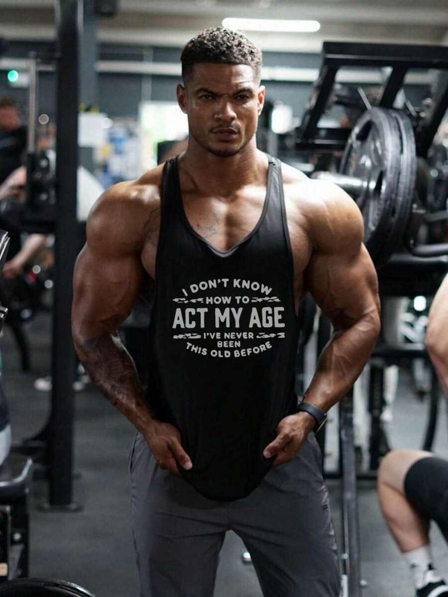 Fitness Hombres Top tank deportivo con estampado de slogan de espalda nadadora - Negro - Ver 1