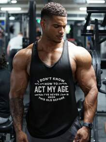 Fitness Hombres Top tank deportivo con estampado de slogan de espalda nadadora - Negro - Ver 3