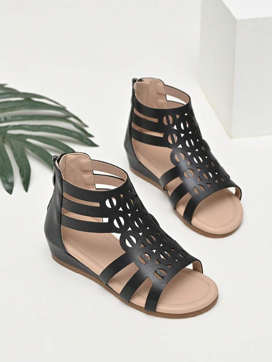 Girls Hollow Out Zipper Back Gladiator Sandals For Summer - Black - View 1
