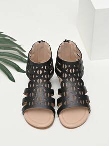 Girls Hollow Out Zipper Back Gladiator Sandals For Summer - Black - View 3