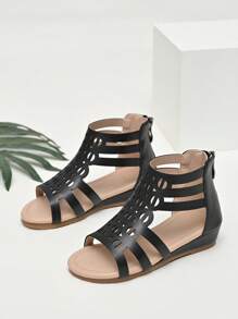 Girls Hollow Out Zipper Back Gladiator Sandals For Summer - Black - View 4