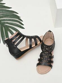Girls Hollow Out Zipper Back Gladiator Sandals For Summer - Black - View 5