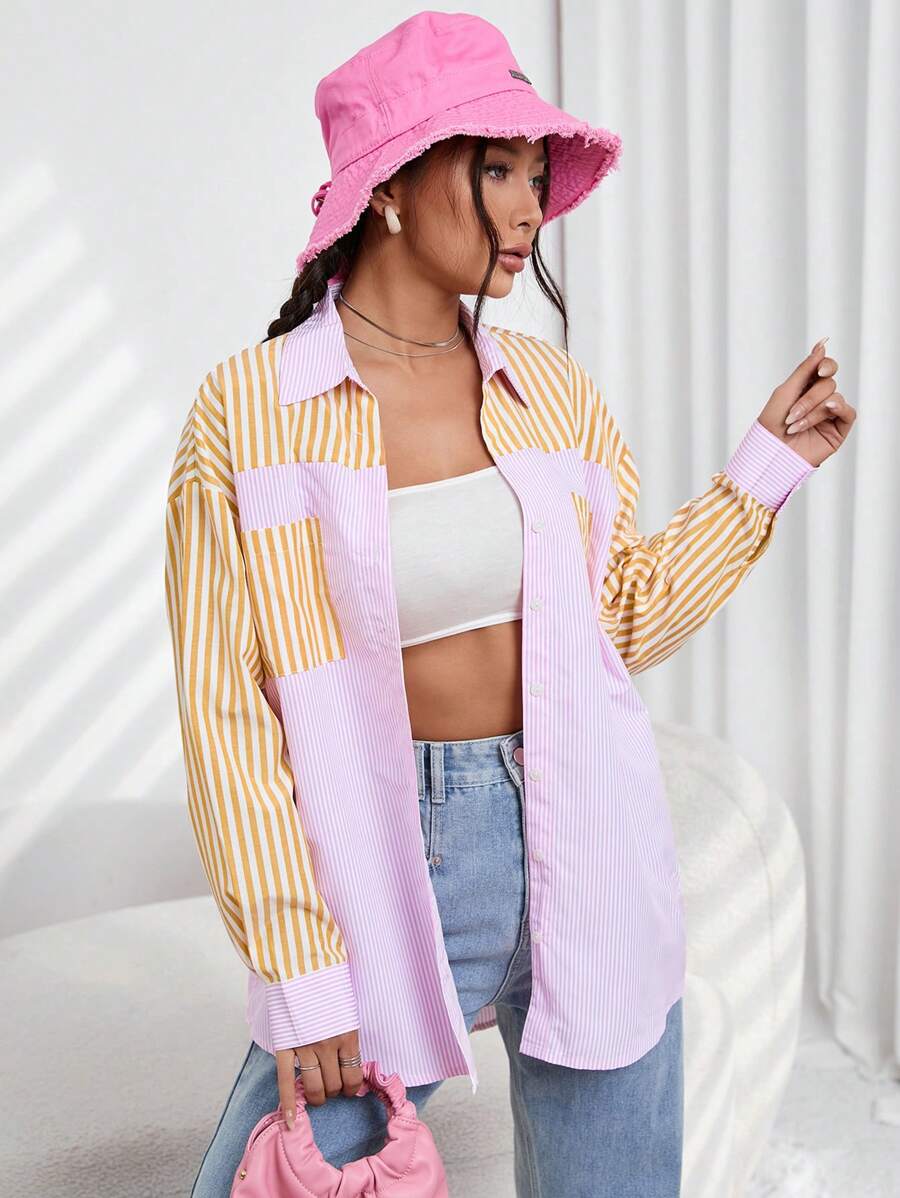 SHEIN Qutie Striped Print Drop Shoulder Shirt - Multicolor - View 1