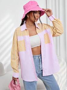 SHEIN Qutie Striped Print Drop Shoulder Shirt - Multicolor - View 4