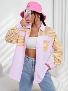 SHEIN Qutie Striped Print Drop Shoulder Shirt - Multicolor - View 5