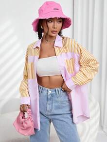 SHEIN Qutie Striped Print Drop Shoulder Shirt - Multicolor - View 6