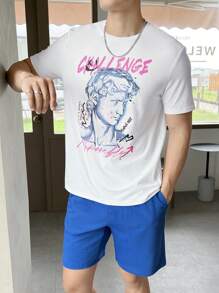 Manfinity RebelGame 男士人物和字母圖案T恤和短褲 - 藍白色 - 查看 6