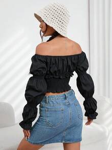 SHEIN Privé Off Shoulder Ruched Bust Crop Blouse - Black - View 2