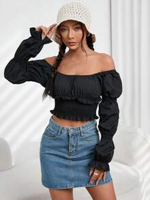 SHEIN Privé Off Shoulder Ruched Bust Crop Blouse - Black - View 3