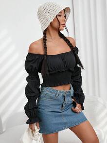 SHEIN Privé Off Shoulder Ruched Bust Crop Blouse - Black - View 4