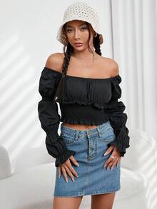SHEIN Privé Off Shoulder Ruched Bust Crop Blouse - Black - View 6
