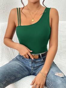 Firerie Solid Asymmetrical Neck Ribbed Knit Top - Dark Green - View 3