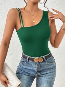 Firerie Solid Asymmetrical Neck Ribbed Knit Top - Dark Green - View 4