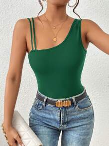 Firerie Solid Asymmetrical Neck Ribbed Knit Top - Dark Green - View 5