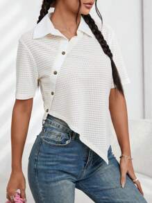 SHEIN EZwear Button Detail Asymmetrical Hem Blouse - White - View 5