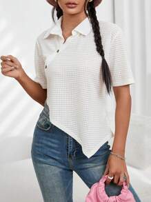SHEIN EZwear Button Detail Asymmetrical Hem Blouse - White - View 6