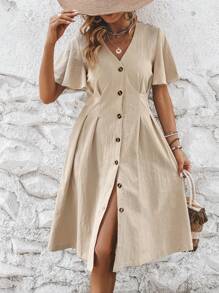 SHEIN VCAY Solid Button Front Fold Pleated Detail Dress - Khaki - View 4