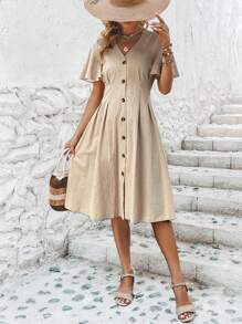 SHEIN VCAY Solid Button Front Fold Pleated Detail Dress - Khaki - View 6