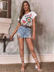 SHEIN LUNE 印花蝙蝠袖襯衫 - 白色 - 查看 3