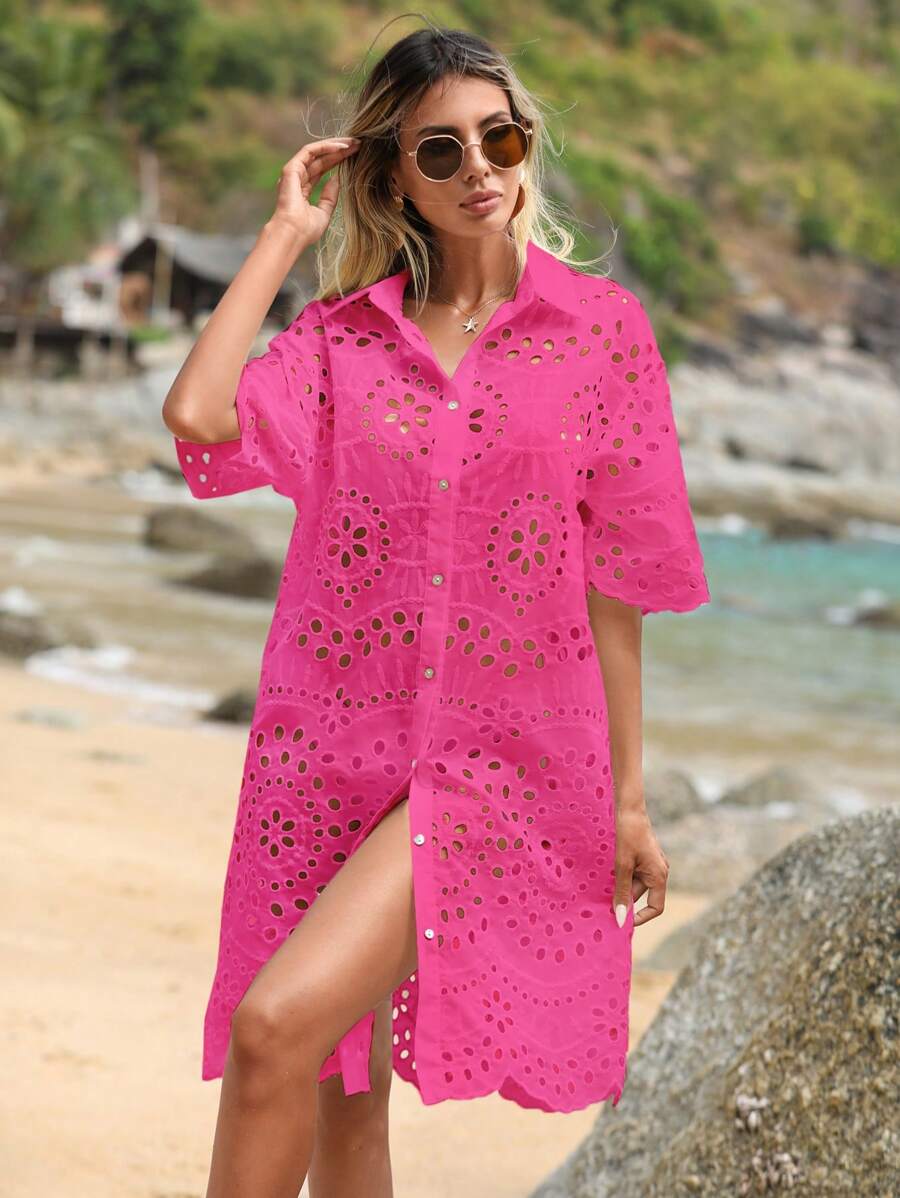 SHEIN LUNE Xu hướng: Cắt giảm Nút phía trước Váy sơ mi - Màu Hồng Tươi - Xem 1