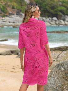 SHEIN LUNE Xu hướng: Cắt giảm Nút phía trước Váy sơ mi - Màu Hồng Tươi - Xem 2