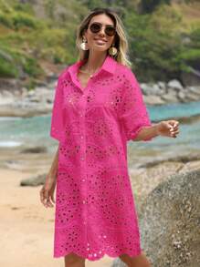 SHEIN LUNE Xu hướng: Cắt giảm Nút phía trước Váy sơ mi - Màu Hồng Tươi - Xem 4