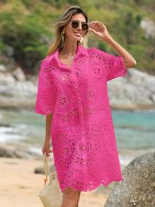 SHEIN LUNE Xu hướng: Cắt giảm Nút phía trước Váy sơ mi - Màu Hồng Tươi - Xem 7