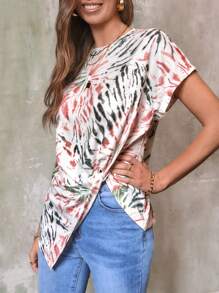 SHEIN LUNE Áo thun nữ Bất đối xứng Chia xoắn lại Cà vạt nhuộm Giải trí - Nhiều màu - Xem 4