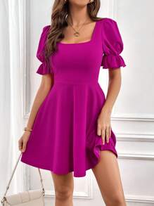 SHEIN Privé Vestido línea A de cuello cuadrado de manga farol