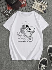 男士骷髏&標語圖案T恤 - 白色 - 查看 1