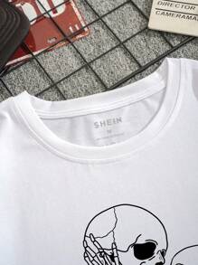 男士骷髏&標語圖案T恤 - 白色 - 查看 5