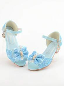 女孩人造珍珠和蝴蝶結裝飾粗跟踝帶平底涼鞋適合夏天 - 藍色 - 查看 1