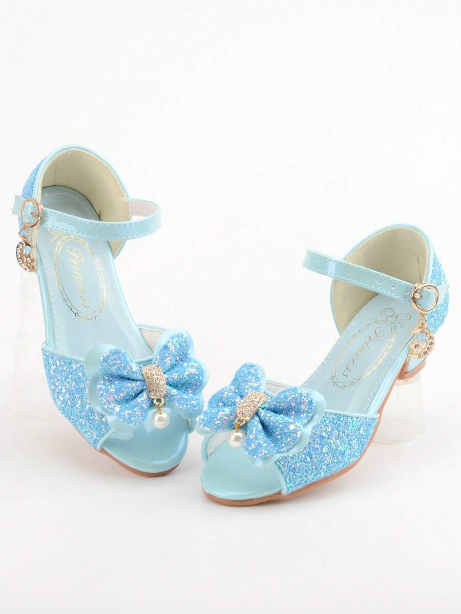 女孩人造珍珠和蝴蝶結裝飾粗跟踝帶平底涼鞋適合夏天 - 藍色 - 查看 1