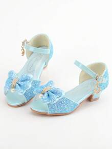 女孩人造珍珠和蝴蝶結裝飾粗跟踝帶平底涼鞋適合夏天 - 藍色 - 查看 2
