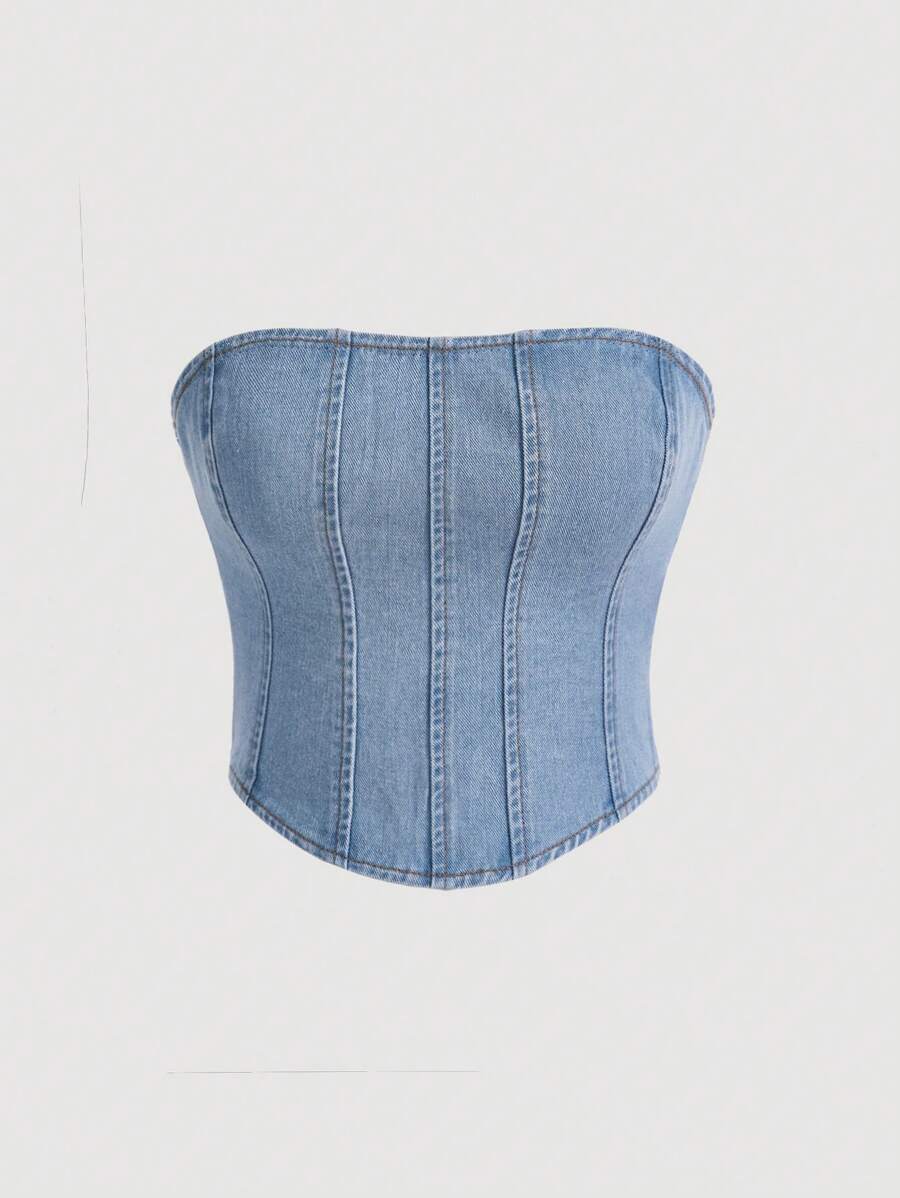 SHEIN MOD 素色牛仔抹胸上衣 - 淺色水洗藍 - 查看 1