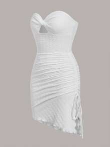SHEIN ICON Vestido Mini Bodycon Tubo Con Detalle De Corte En Los Lados, Dobladillo Asimétrico Y Cordón Lateral - Blanco - Ver 7