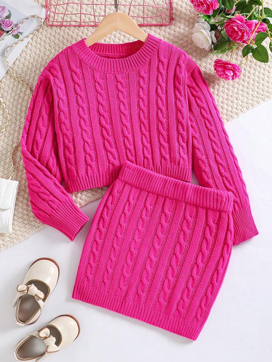 SHEIN Cô gái Tween Xoắn Dan Sweater & Knit Skirt - Màu Hồng Tươi - Xem 1